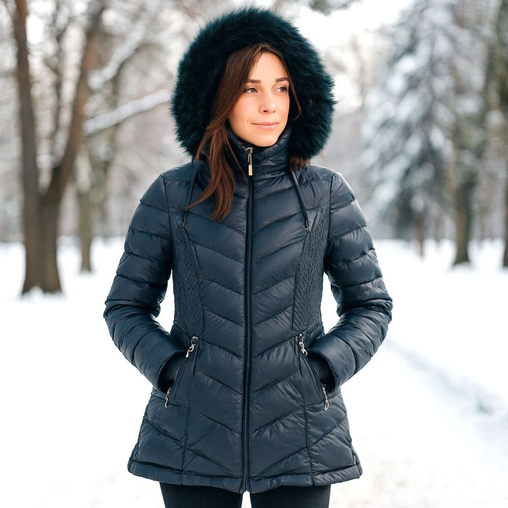 Curations Caravan Quilted Down Coat Womens Sz L Faux Fur Hood Evergreen Packable